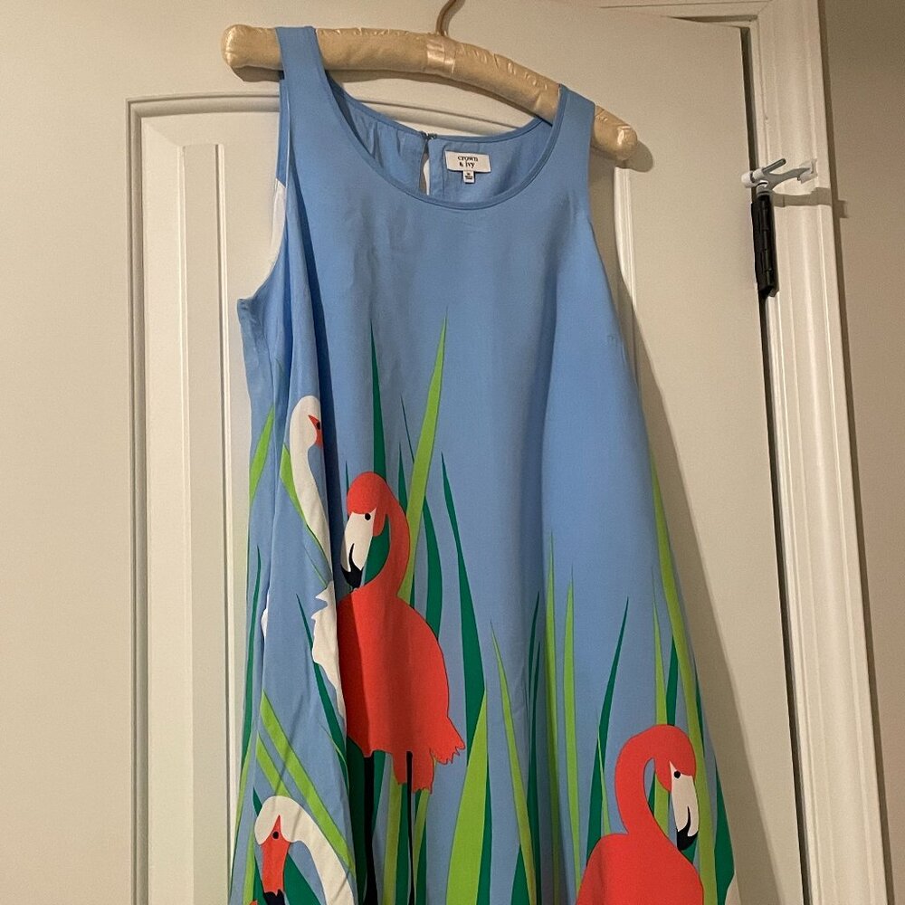 Crown & Ivy Flamingo Print Blue Sleeveless Swing Dress size Medium (Used)